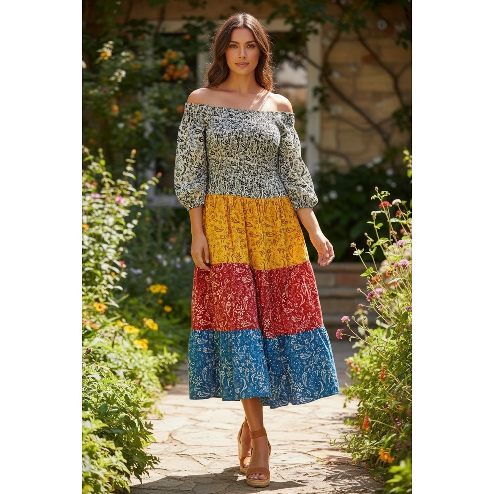 NWT Cool Change Floral Paisley Smocked Tiered Maxi‎ Dress Boho Peasant S/M $220
